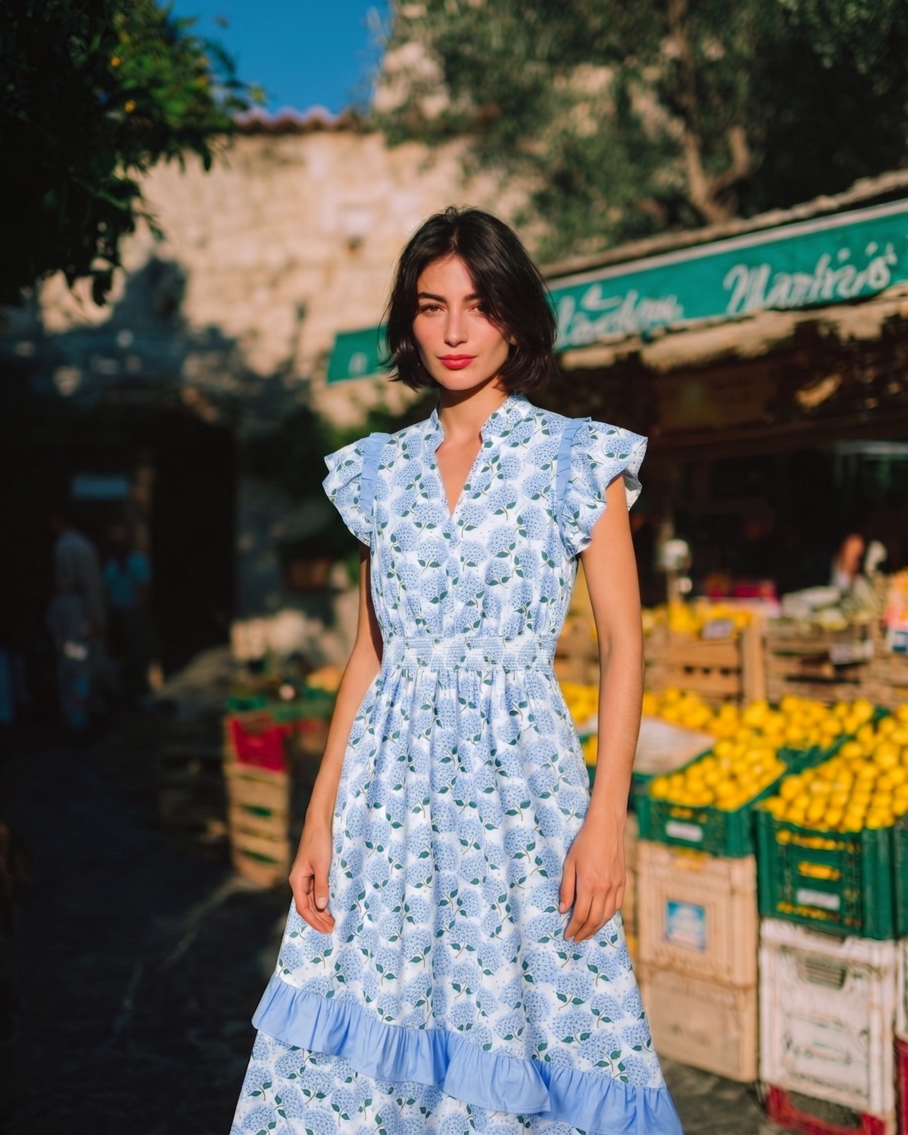 Floral Hydrangea Ruffle Flutter Sleeve Dress