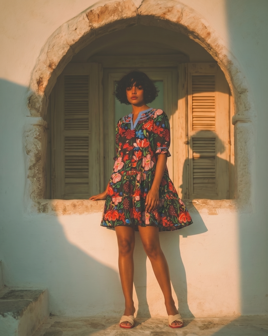 Black Floral Tiered Puff Dress