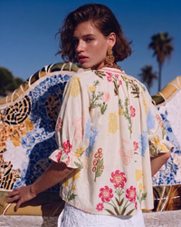 Beige Floral Neck Puff Top