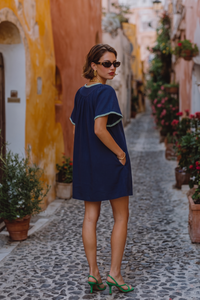 Navy Blue Linen Trim Tunic Dress