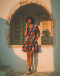Black Floral Tiered Puff Dress