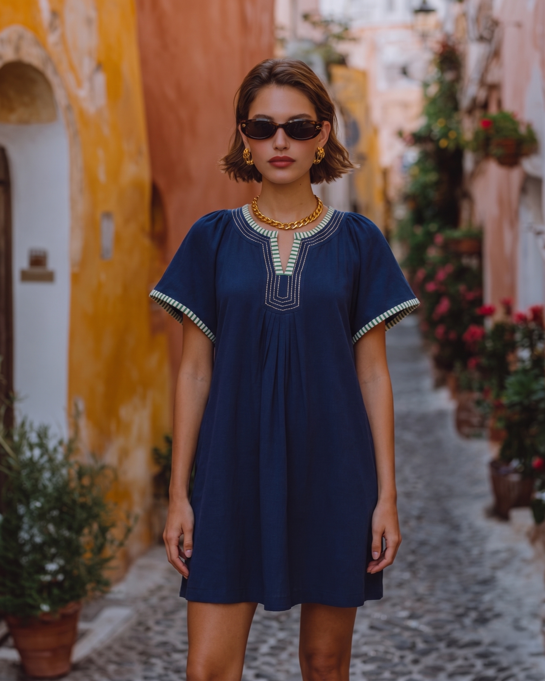 Navy Blue Linen Trim Tunic Dress