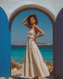 Vestido con volantes y lazo en el cuello — Rayas color arena