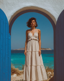 Vestido con volantes y lazo en el cuello — Rayas color arena