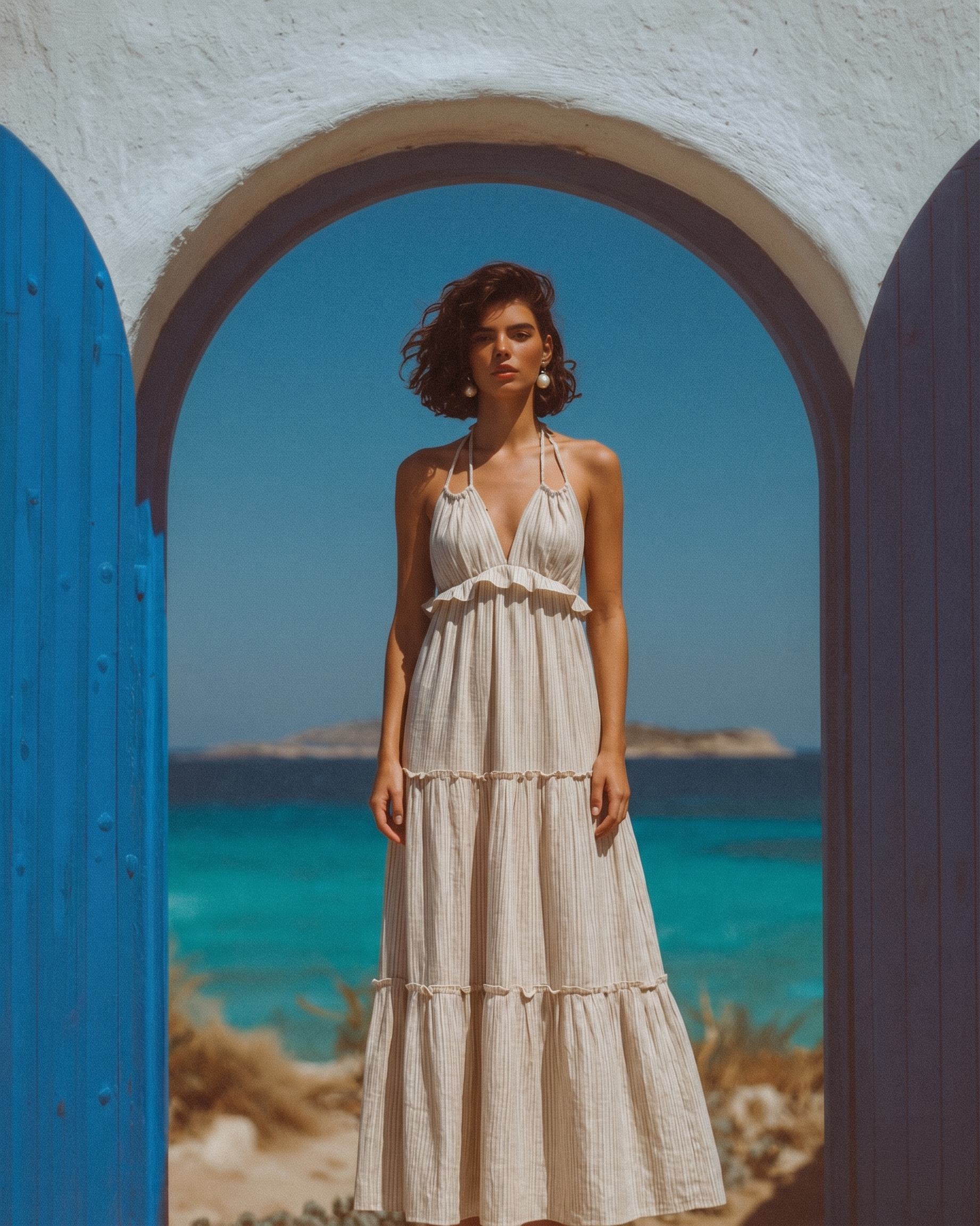 Vestido con volantes y lazo en el cuello — Rayas color arena