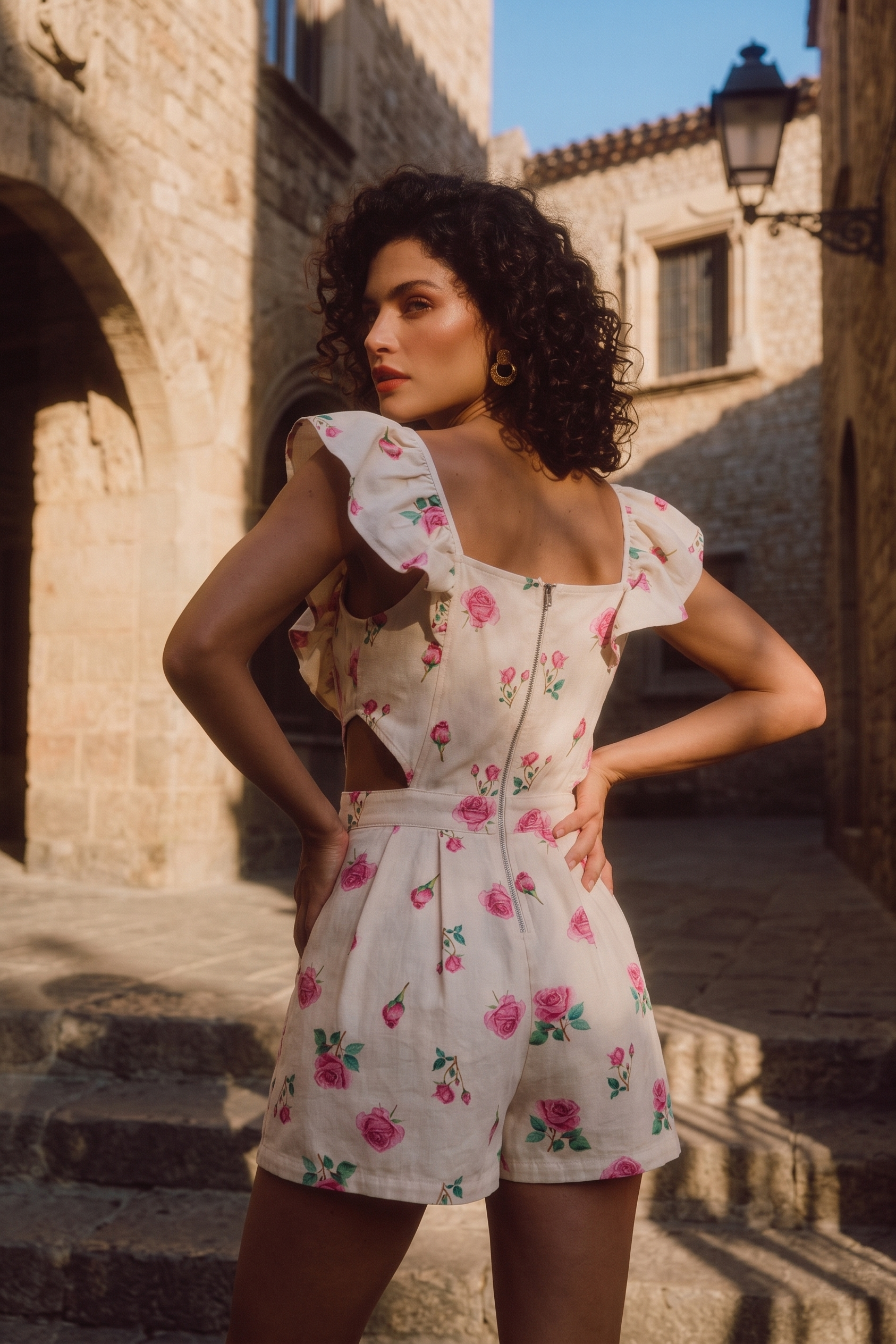 White Floral Print Ruffled Romper