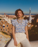 Blue Floral Ruffle Sleeve Shirt