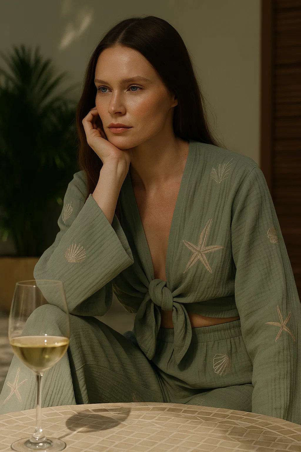 Woman in a green outfit with starfish patterns sitting at a table with a glass of white wine.