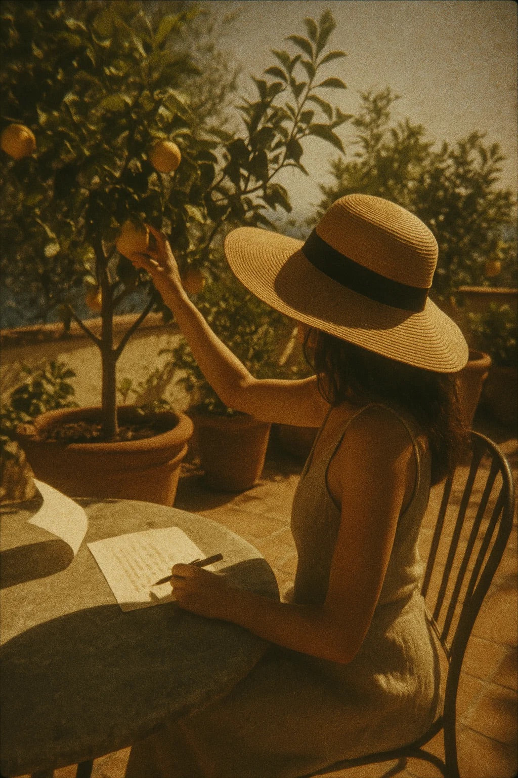 Woman in a straw hat writing at a table with potted plants in the background