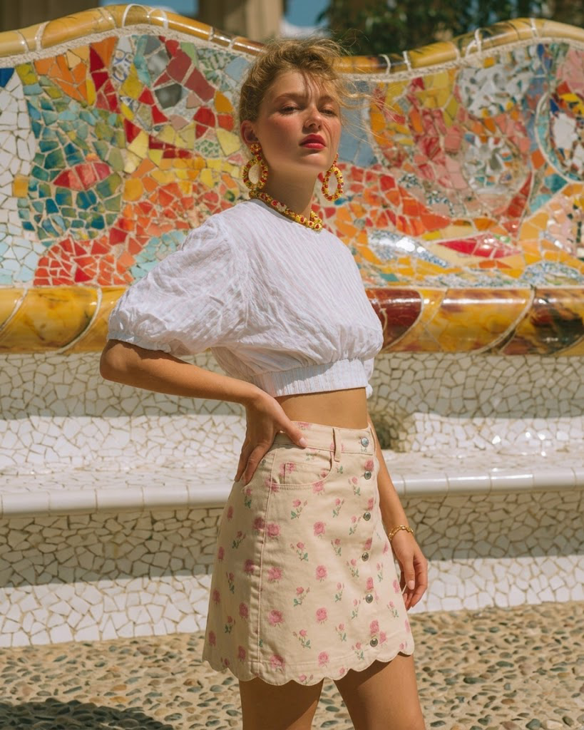 Beige Floral Print Cotton Skirt