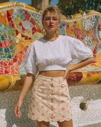 Beige Floral Print Cotton Skirt
