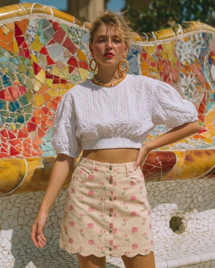 Beige Floral Print Cotton Skirt